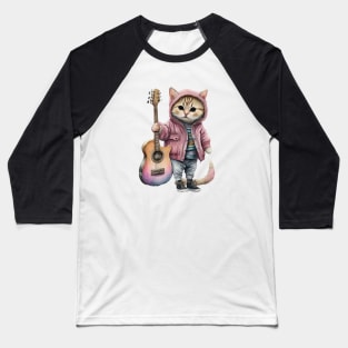 Cute Little Cat With a Guitar Wearing Pink Jacket Baseball T-Shirt